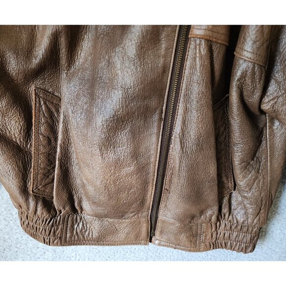 Vtg 100% Leather Aviator Bomber Jacket Faux Fur Double Collar Made in Korea PM - Picture 8 of 16